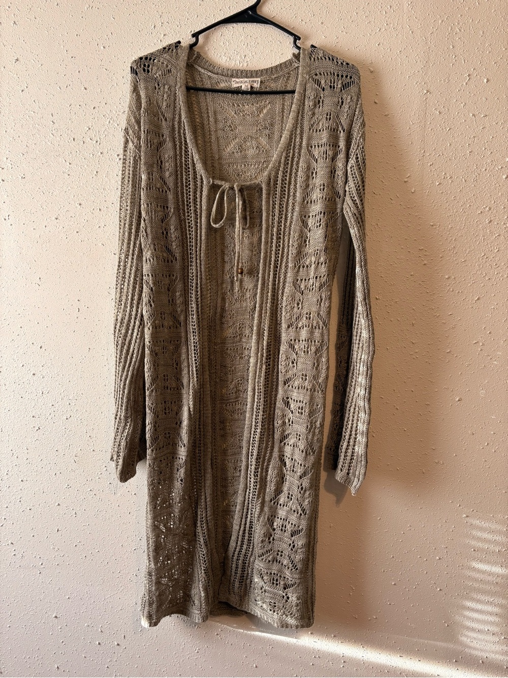 Light Green Openwork Knit Long Cardigan with Tie
